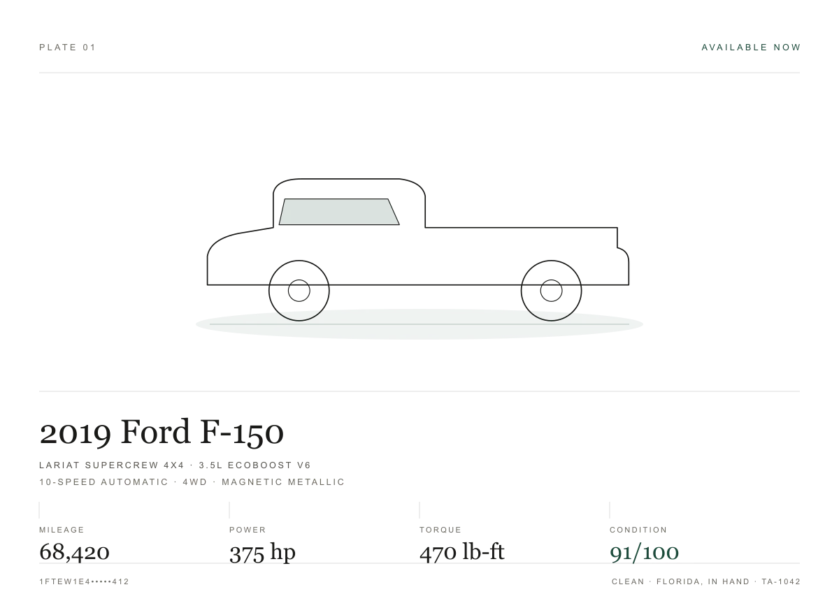 Measurement sheet for the 2019 Ford F-150 Lariat SuperCrew 4x4: power and torque peaks, recorded readings and condition scores
